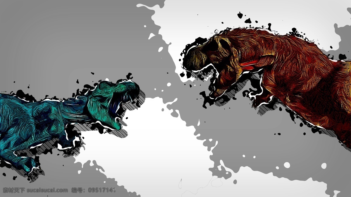 纯 手绘 素描 二龙 相 争 泼墨 背景 图 二龙相争 背景图 独立元素 分层 绘画 手工 科幻 恐龙 侏罗纪