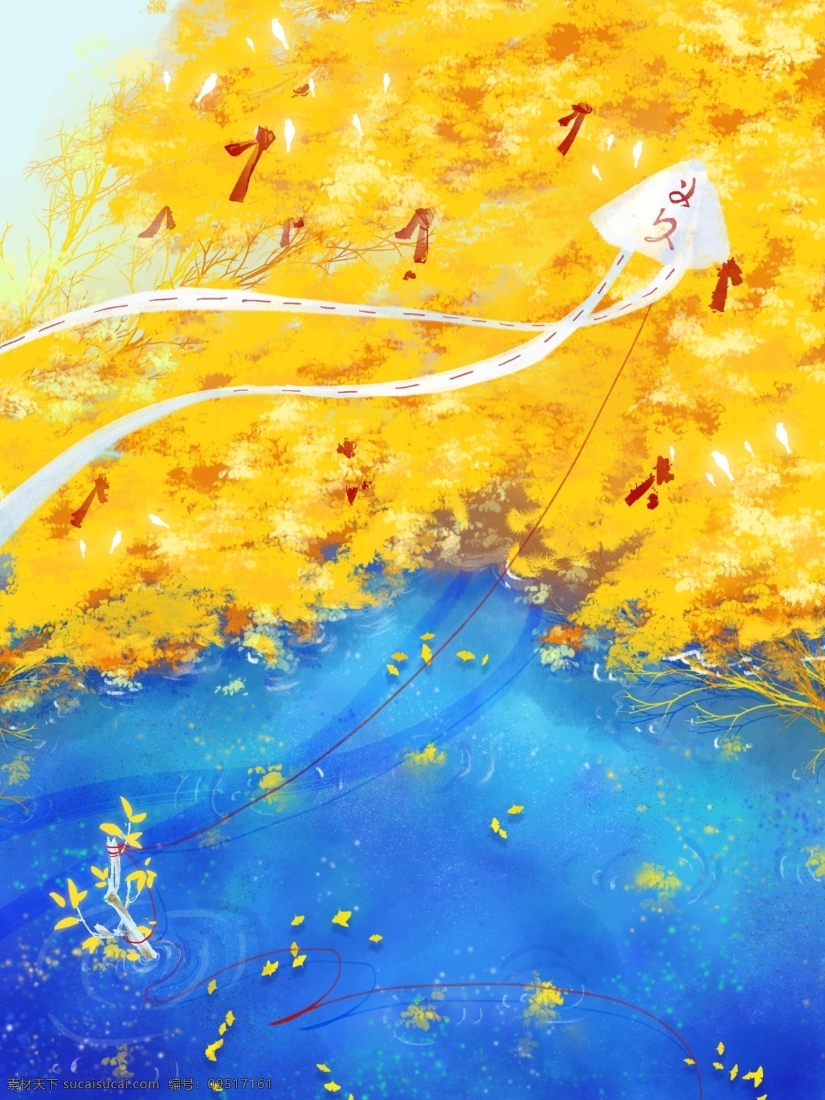 原创 手绘 小 清新 银杏树 风景 装饰画 小清新 水色 神木 中国风