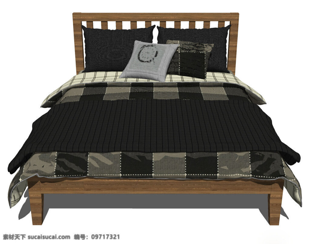 木制 床铺 模型 效果图 灰色 浅色 抱枕 3d模型 深棕色 su 家居效果图 单体模型