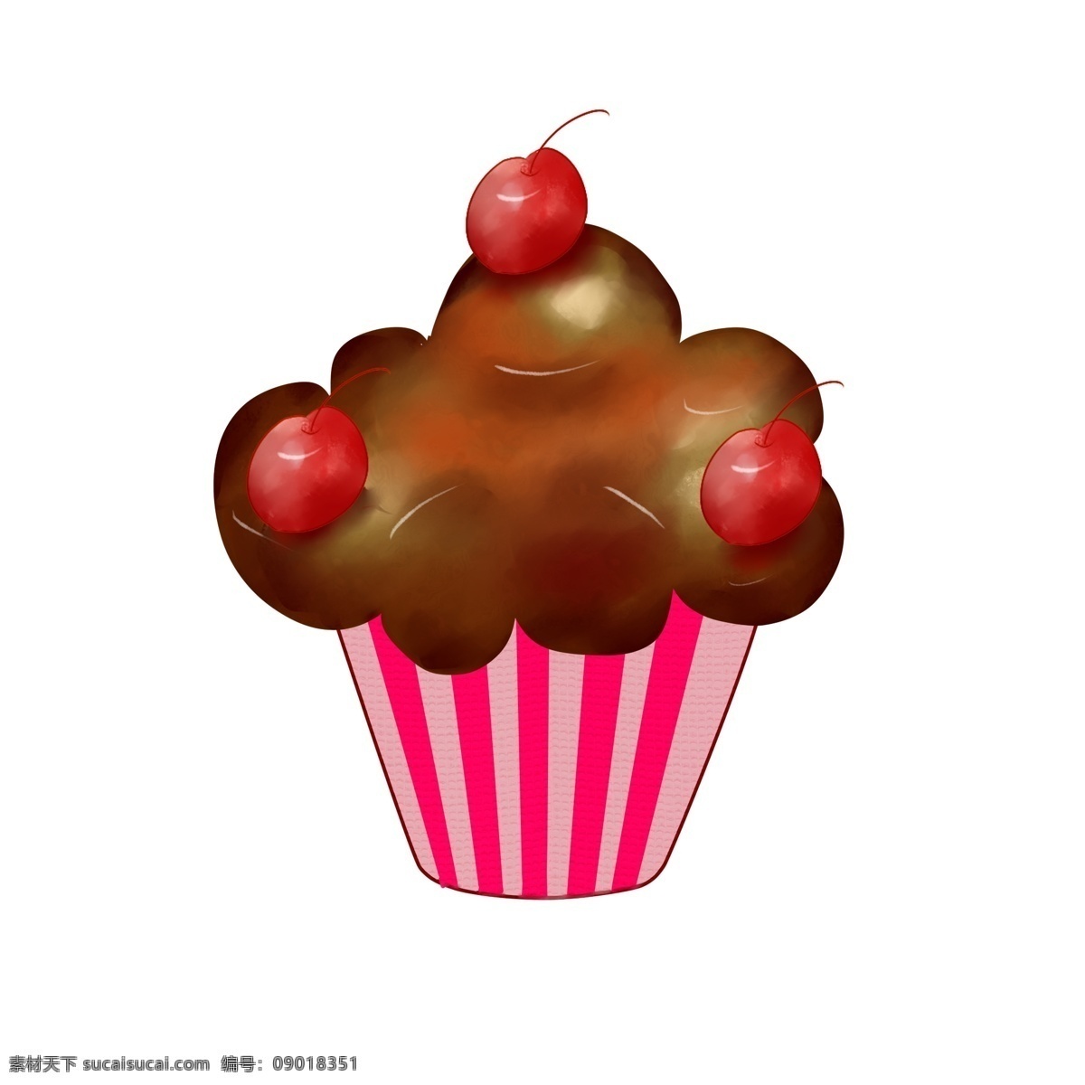 手绘 情人节 美食 插画 棕色的巧克力 红色的樱桃 美味的蛋糕 情人节蛋糕 卡通插画