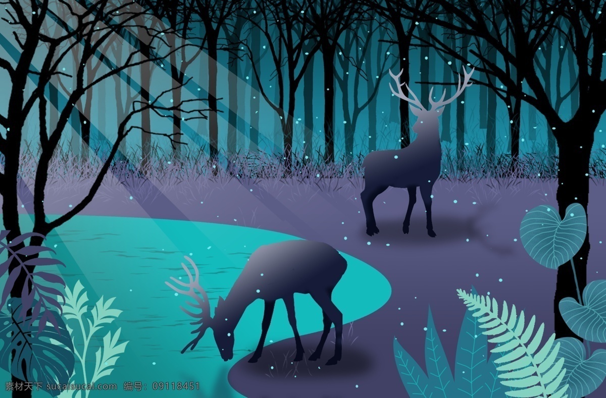 原创 夜晚 月光 笼罩 下 森林 插画 蓝色 扁平 鹿 寂静