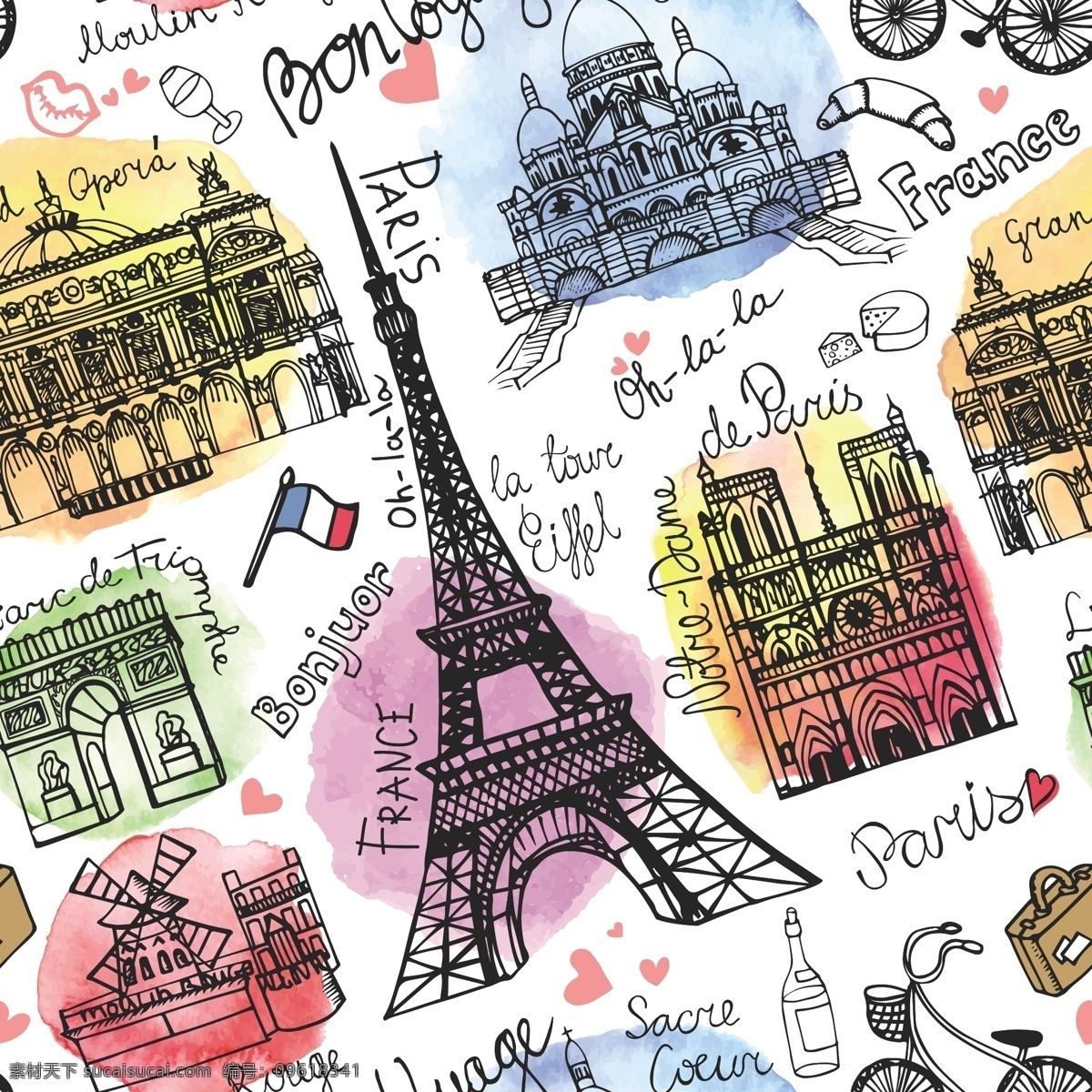 巴黎背景 牛角面包 自行车 法国国旗 凯旋门 巴黎铁塔 巴黎 卢浮宫 无缝背景 平面素材