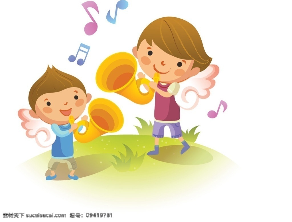 矢量 儿童 音乐会 音乐 卡通 可爱 喇叭 音乐符号 天使 翅膀 草地 儿童幼儿 矢量人物