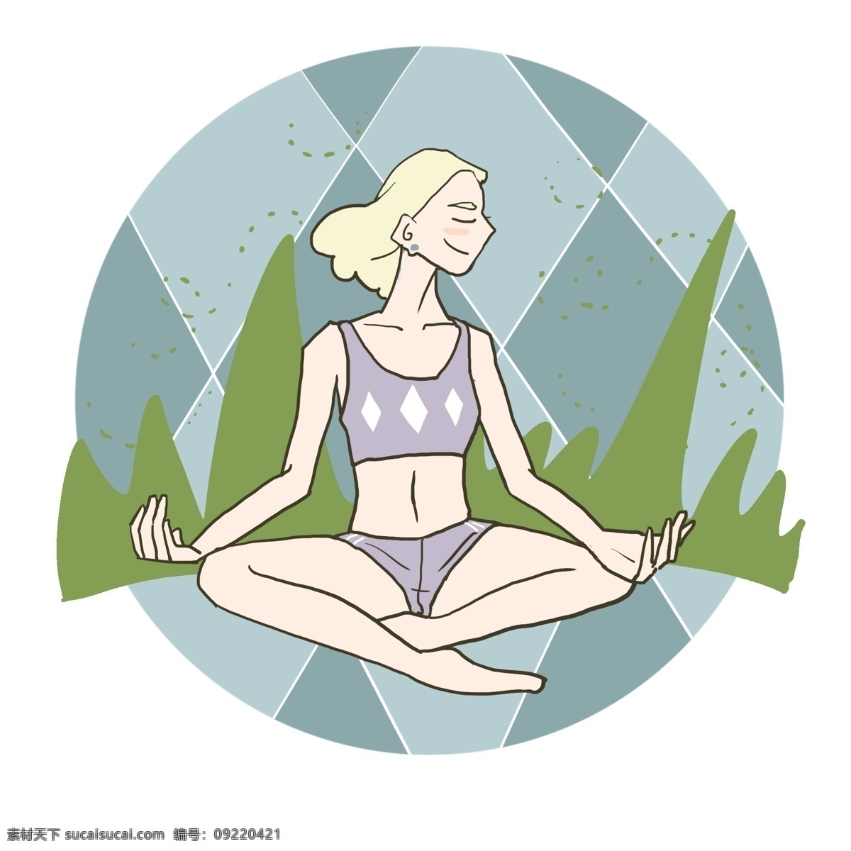 女士 健身 手绘 插画 健身人物 运动 健康 瑜伽 静坐 人物插画 女士健身 绿色树木 健身人物插画 女士插画