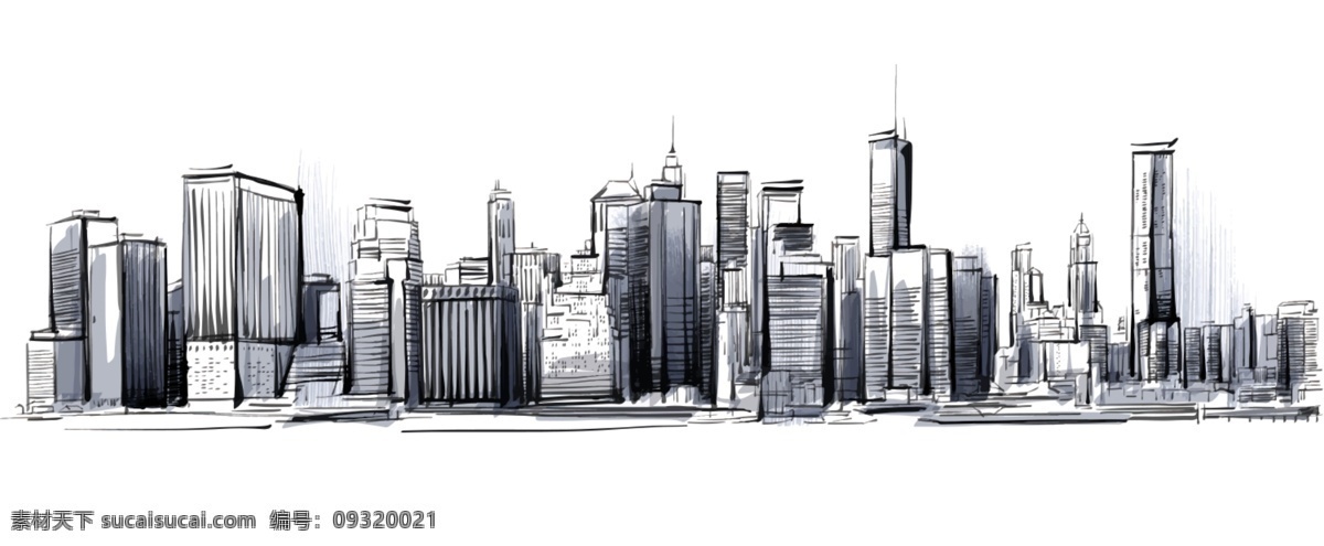 手绘 城市 轮廓 城市轮廓 黑白 线稿 楼房 楼群 都市 剪影