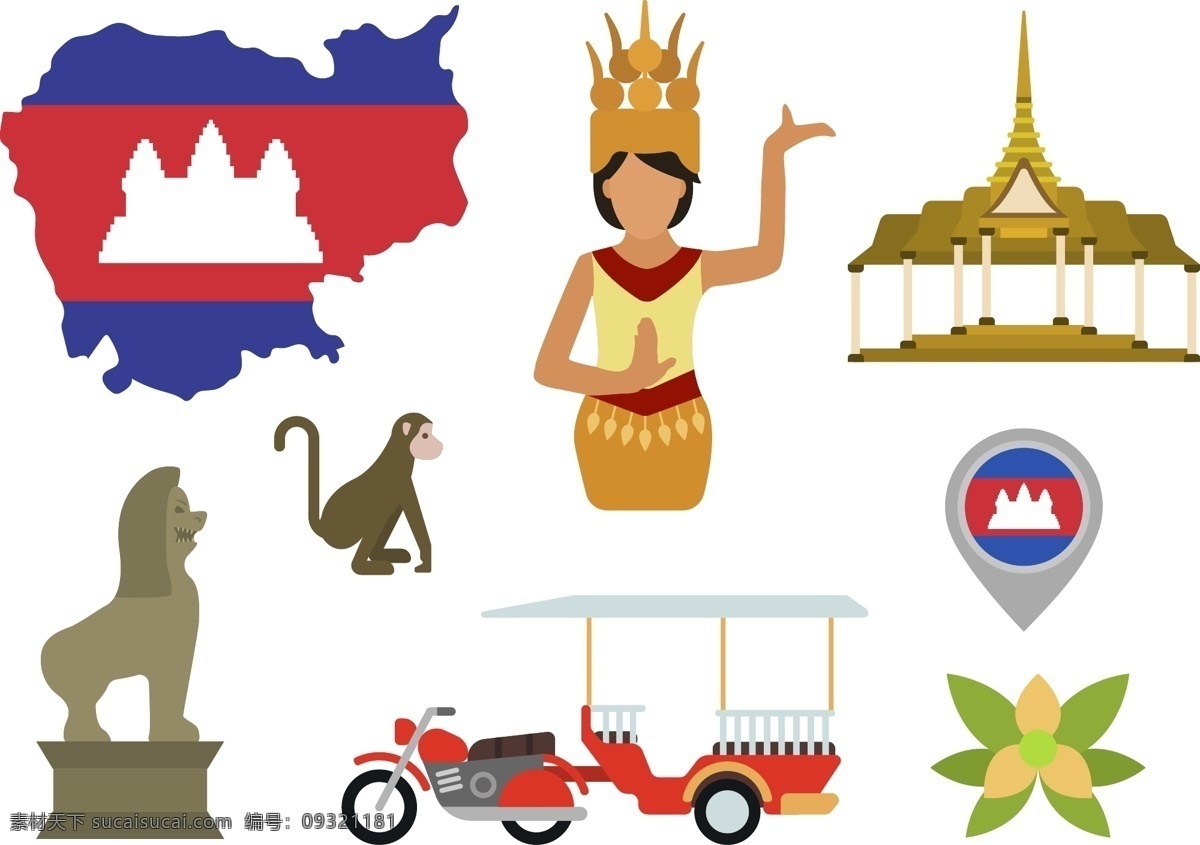 柬埔寨 文化 标志 图案 元素 柬埔寨文化 神像 黄包车 石狮子 柬埔寨地图 文化标志 标志元素