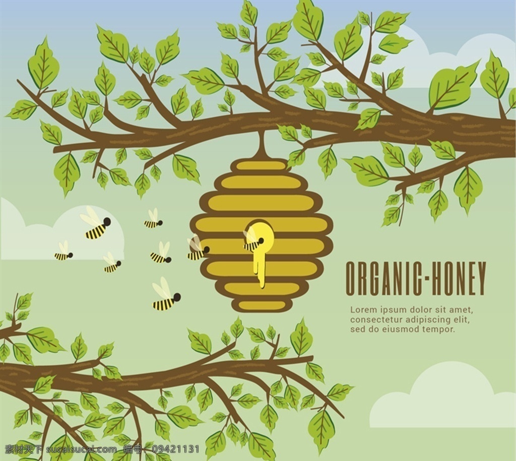 创意 树枝 上 蜂窝 矢量 有机蜂蜜 树木 蜜蜂 手绘蜜蜂 动漫动画 风景漫画