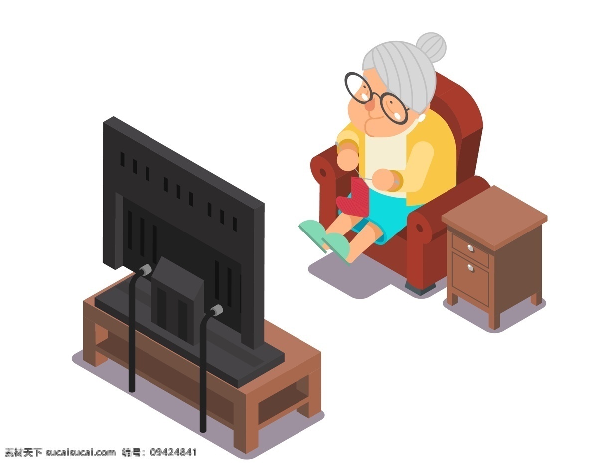 卡通 老奶奶 看 电视 元素 小清新 温馨 看电视 矢量元素 手绘 织毛衣 ai元素
