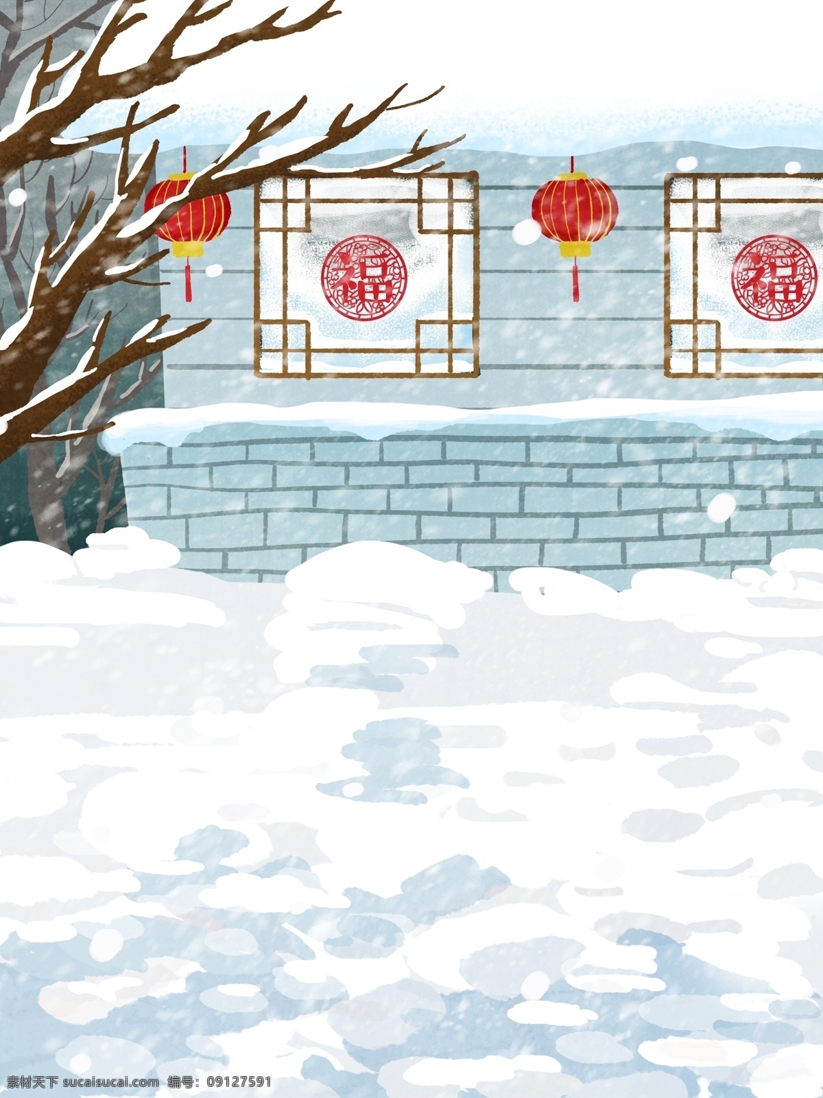彩绘 冬季 雪地 灯笼 背景 树枝 背景图 创意 新年 广告背景 手绘背景 特邀背景 背景展板图