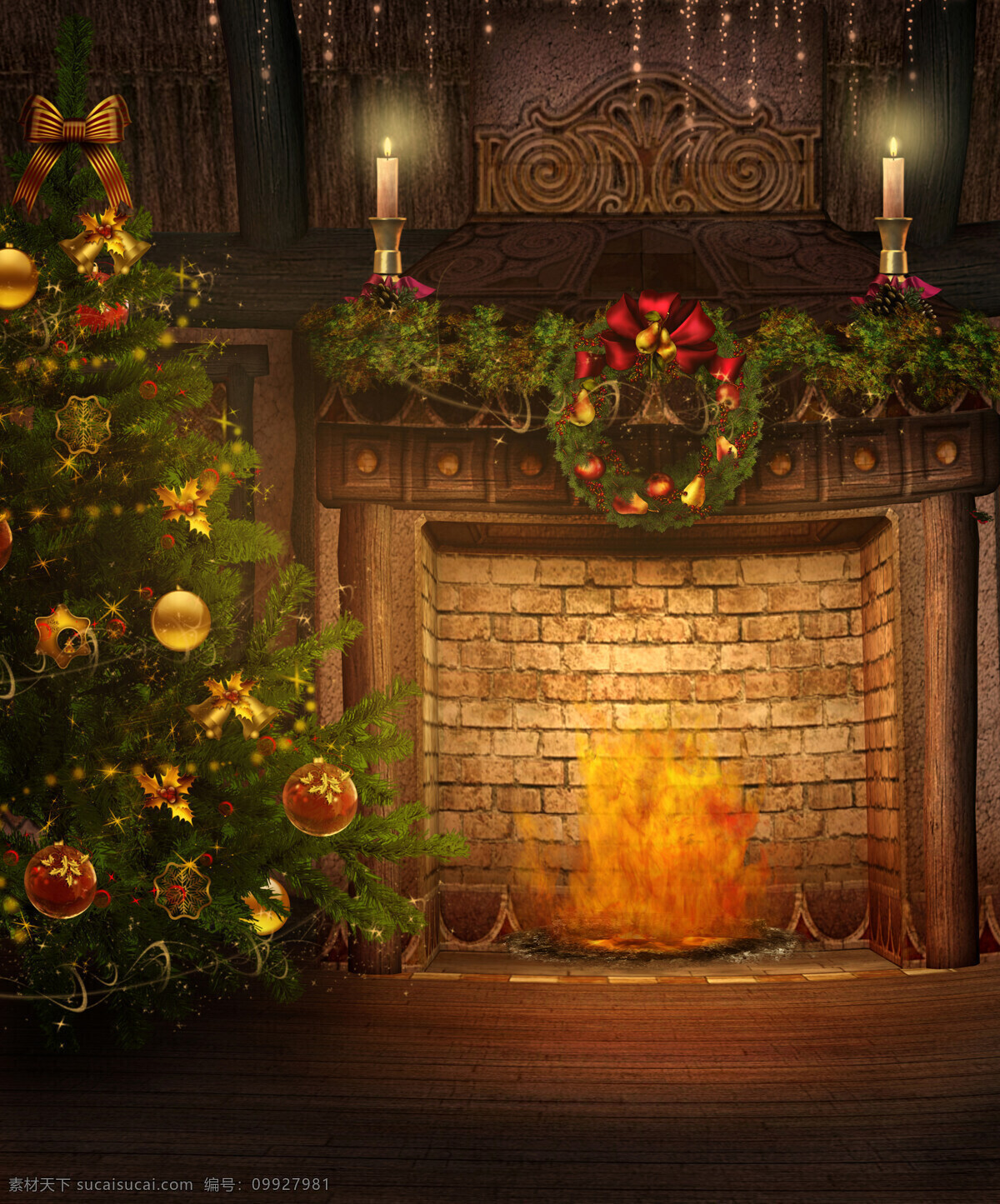 圣诞 壁炉 火焰 蜡烛 烛台 烛火 花环 圣诞树 篝火 圣诞花环 圣诞背景 圣诞节 圣诞快乐 节日庆祝 文化艺术
