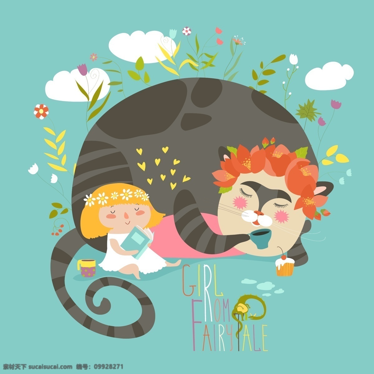 可爱 女孩 阅读 书 魔力 猫 白云 动物 怪物 卡通动物 可爱女孩 猫咪 魔力猫 矢量动物 阅读书