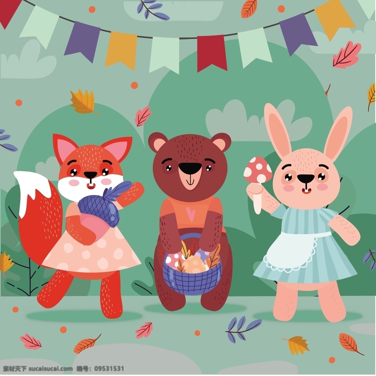 卡通 动物 生日会 狐狸 小熊 兔子 鲜花 森林 生日快乐 卡通动物 矢量素材