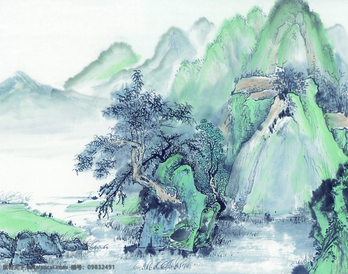 中式 山水 工笔画 水墨 工笔 大山 风景 中式工笔画 文化艺术 绘画书法