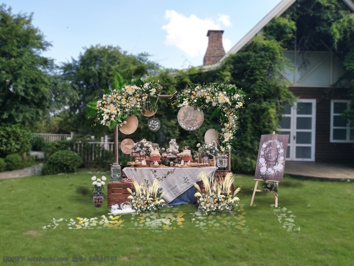 户外 迎宾 区 效果图 户外婚礼 婚礼 甜品区 香槟色花卉 水牌架子 户外木框子 木质圆盘子