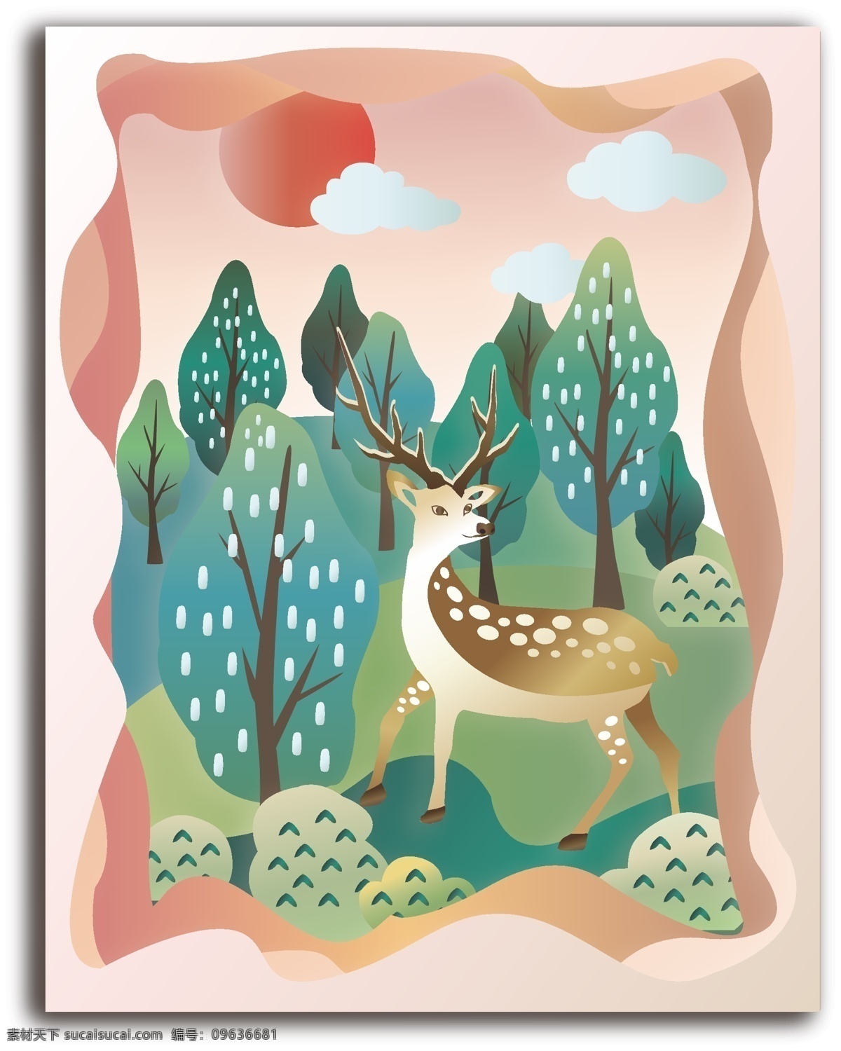 森林 鹿 剪纸 风 温暖 治愈 插画 装饰画 动物 立体 树林 小清新 森林与鹿 剪纸风 动物立体