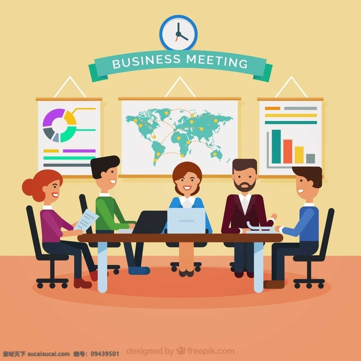 创意 商务会议 人物 矢量 时钟 地图 男子 女子 办公桌 电脑 会议 商务 矢量图