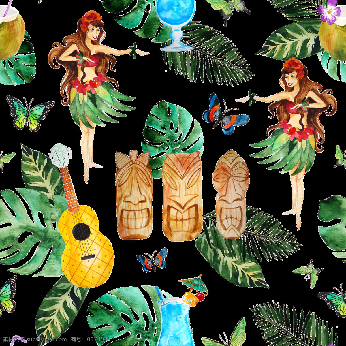 夏威夷 度假 卡通 夏日 高清 水彩 免 扣 跳舞的妹子 菠萝吉他 手绘 仿真 夏天 装饰