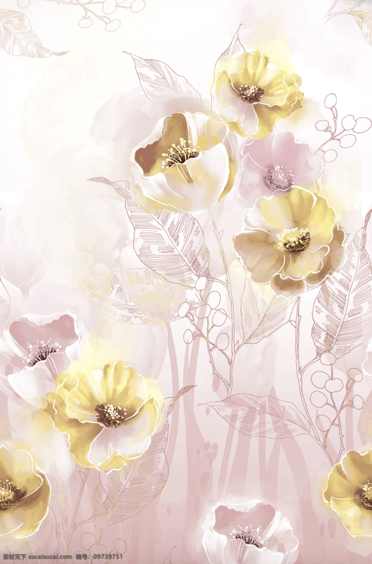 手绘花线条 高清素材 手绘花卉 线稿花卉 叶子 素雅 白色