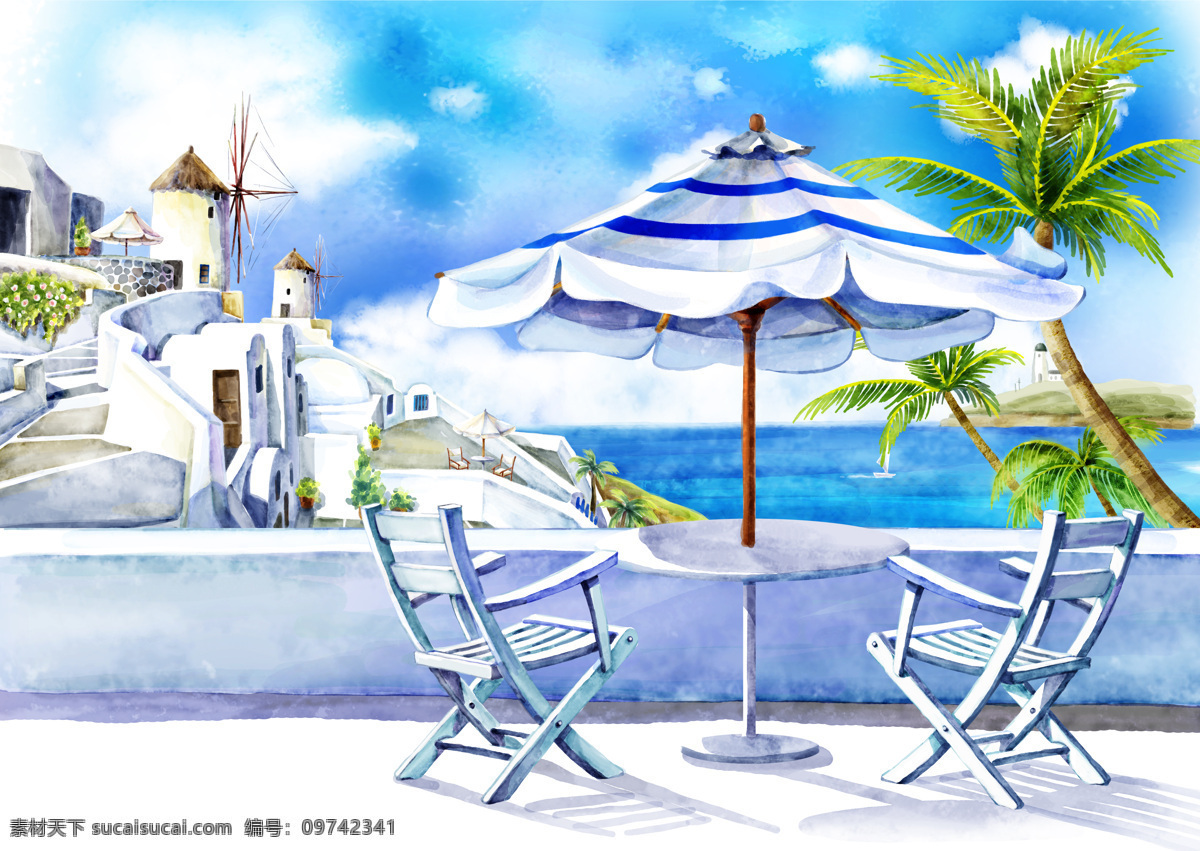 太阳伞 插画 风景 大海 蓝天 桌椅 动漫动画 风景漫画