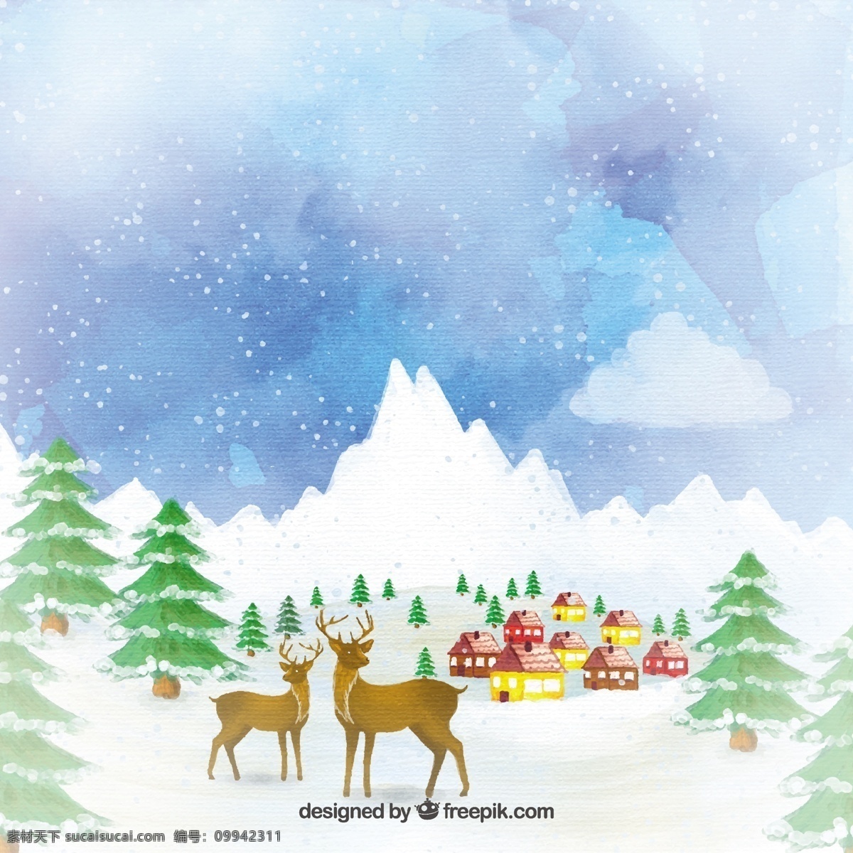 手绘 森林 动物 景观 圣诞节 水彩 天空 快乐 圣诞 冬天 绘制 庆祝 假日