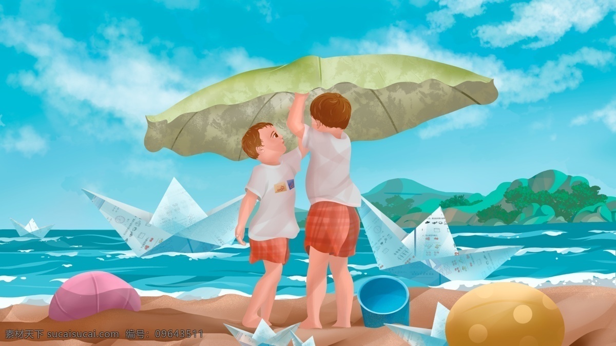 你好 夏天 小清 新海 边儿 童 游戏 原创 商业插画 壁纸海报 儿童 人物 你好夏天 小清新 海边 沙滩 纸船