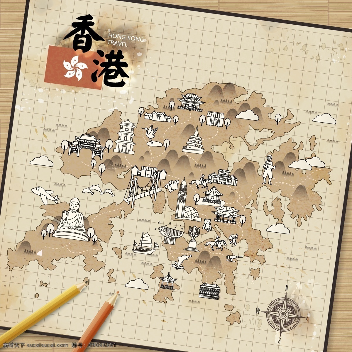 复古 时尚 香港 旅行 地图 创意 手绘 旅游
