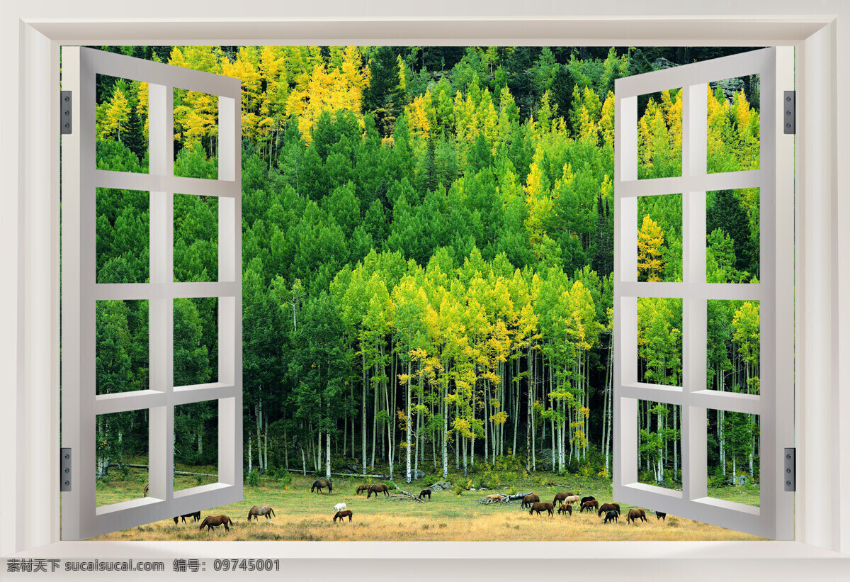 窗外风景 窗外 窗台 窗框 风景 自然景观 自然风光 自然风景 设计图库 白色窗户 树景 树林 绿树 草原 马群 梦境