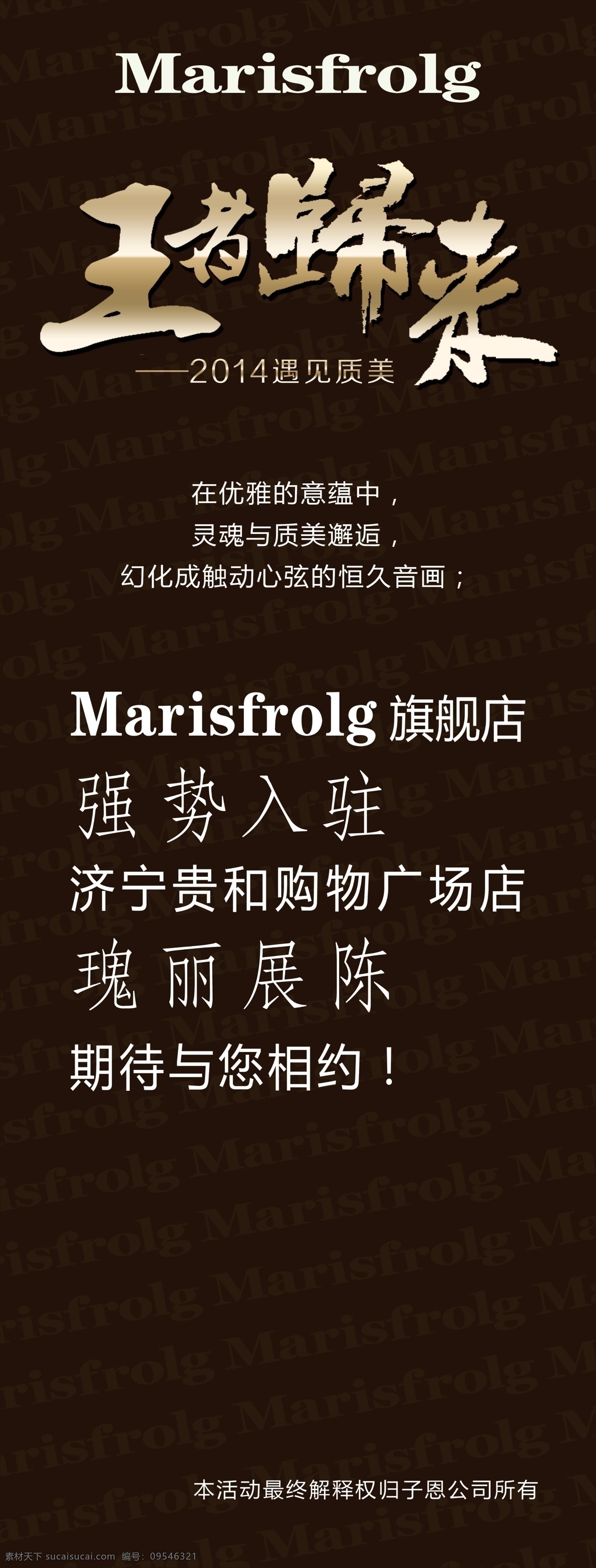 品牌展架 品牌 展架 海报 玛丝菲尔 强势入驻 王者归来 王者 归来 金色字体 标志底纹 简约 写真 分层