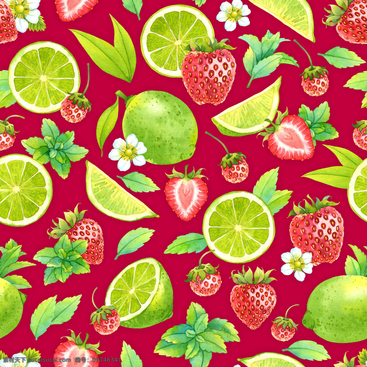 红色 草莓 无缝 背景 绿色 小花 矢量 源文件 青柠檬 白色