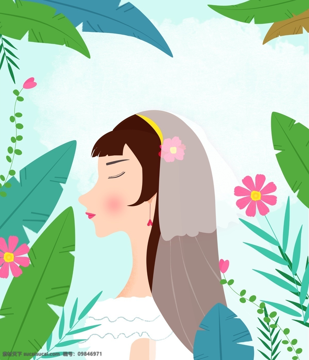 原创 一个 女孩儿 梦 中 婚礼 树叶 花朵 商业插画 唯美 夏天