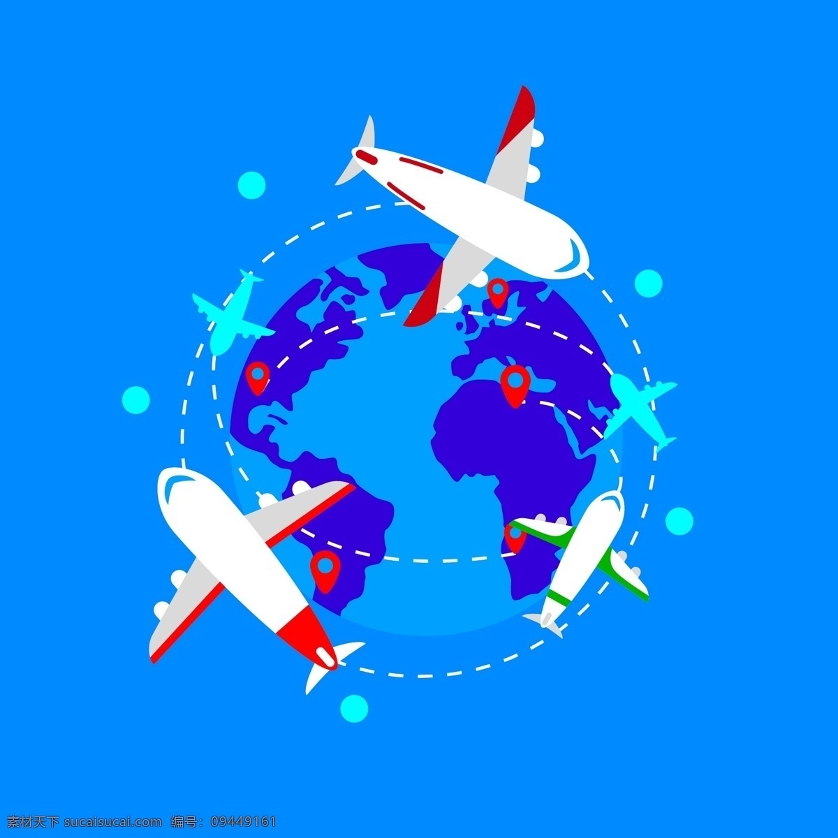 环球飞行飞机 旅行插画 世界地图 航空公司插画 环球 飞行 飞机 矢量 青色 天蓝色