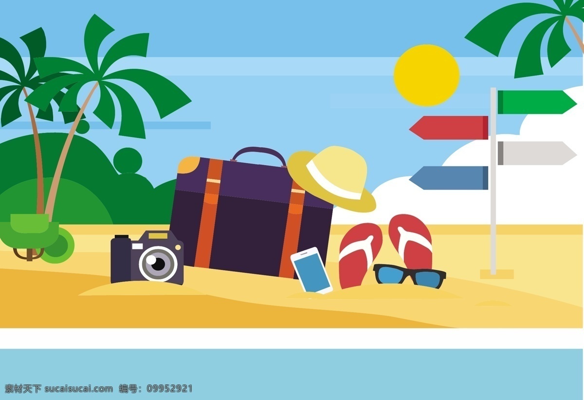 扁平化 度假 插画 假期 度假图标 夏季 夏季素材 矢量素材 海滩 沙滩 度假插画 旅行 椰树 行李 相机