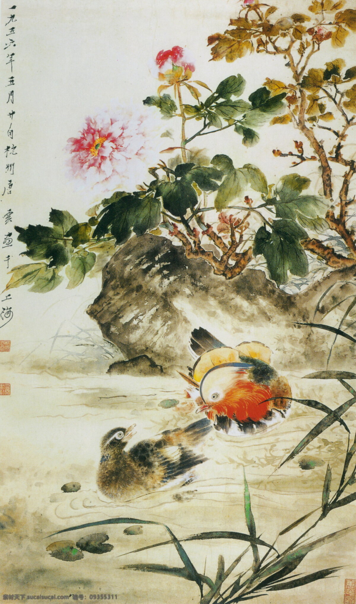 牡丹鸳鸯图 花鸟画 现代 名画 现代名画 设计素材 花鸟画篇 中国画篇 书画美术 灰色