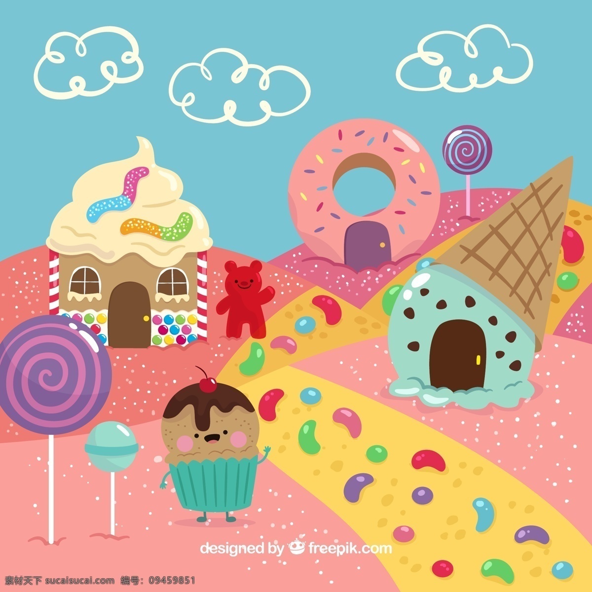 可爱 卡通 糖果 世界 云朵 小熊糖 冰淇淋 甜甜圈 棒棒糖 软糖 源文件 矢量 高清图片
