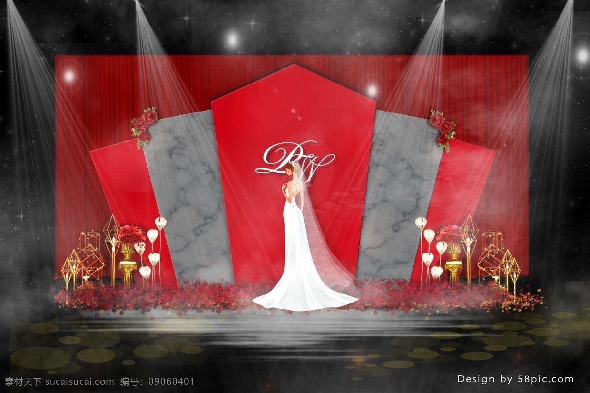大气 红色 婚礼 效果图 装饰 简约 大理石 欧式风格 玫瑰花 婚礼效果图 迎宾区 龙珠灯 欧式花盆 镂空摆件