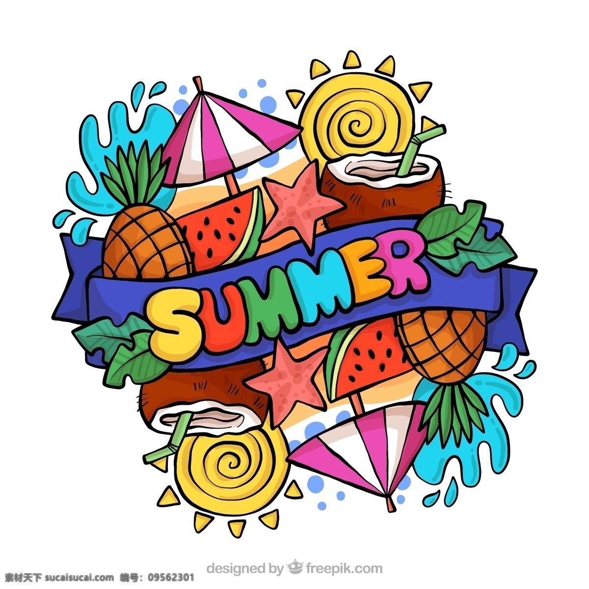 彩色 夏季 元素 summer 艺术 字 大海 艺术字 棕榈树叶 树叶 西瓜 凤梨 遮阳伞 太阳 海星 椰子汁 椰子 文化艺术 节日庆祝