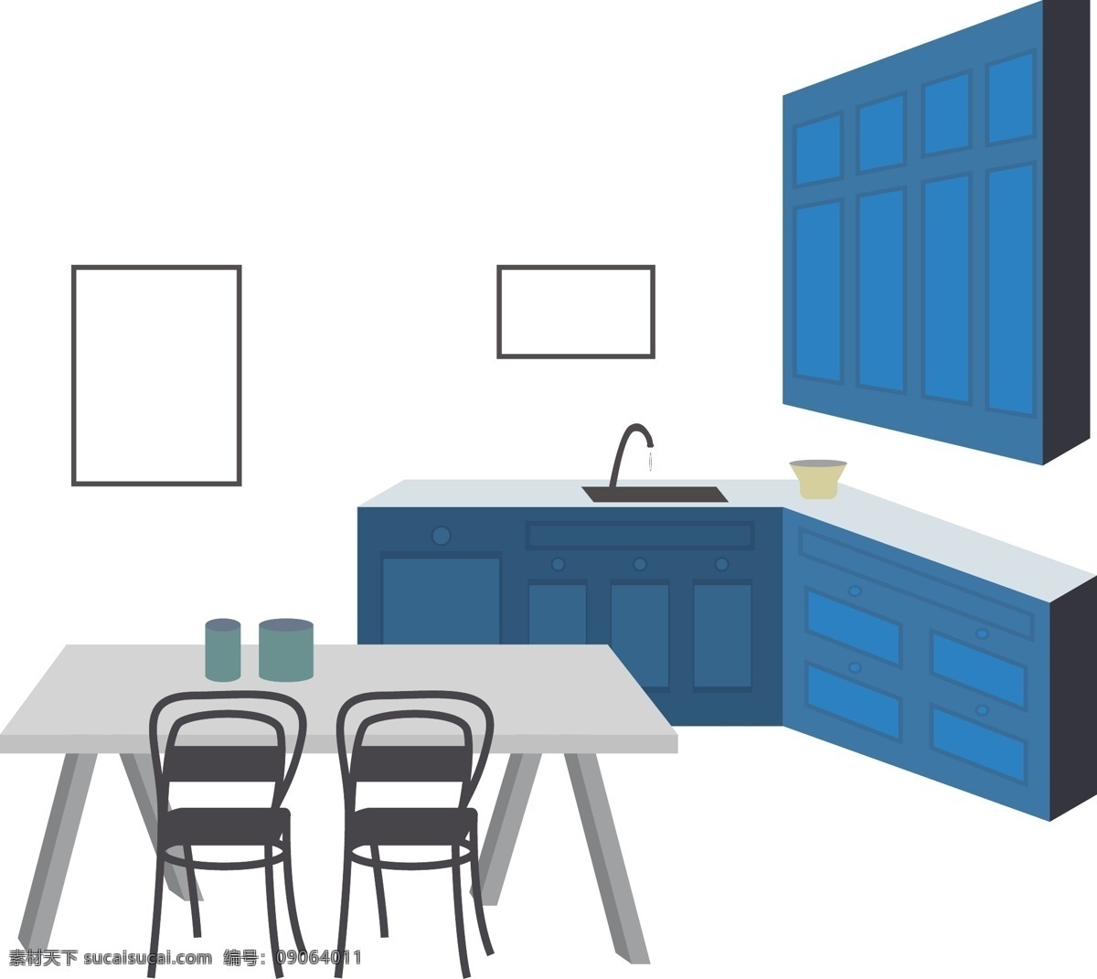 扁平 风格 手绘 插画 室内设计 客厅 餐桌 厨房 扁平风格 立体效果 手绘插画 客厅餐桌厨房 高级色灰蓝 矢量免抠图
