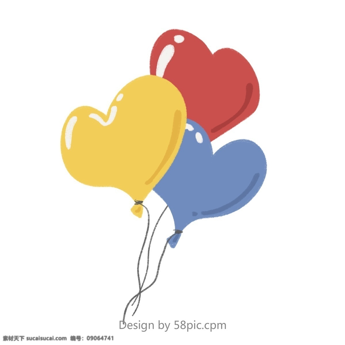 手绘 红 黄蓝 心形 气球 派对 庆祝 礼物 娱乐 聚会 生日