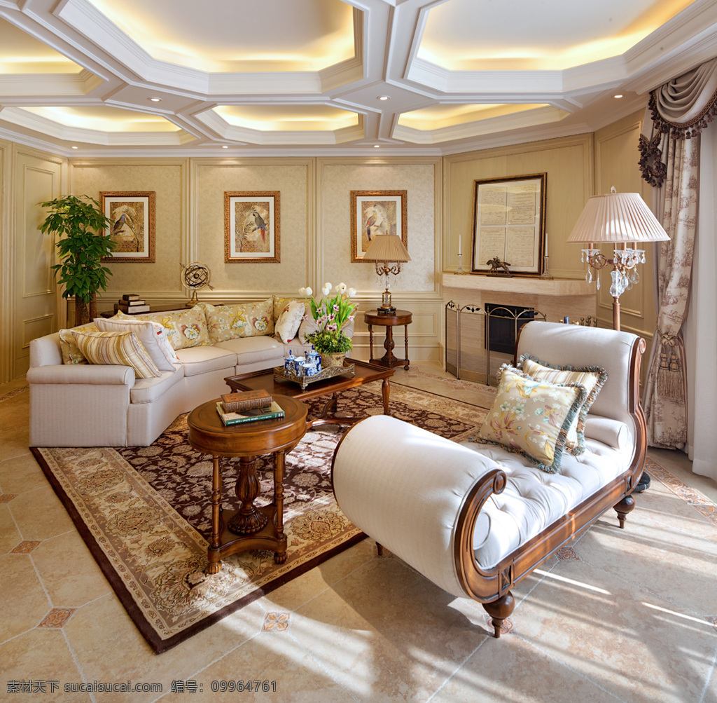 欧式 奢华 文雅 客厅 白色 地板 室内装修 效果图 客厅装修 白色沙发 白色天花板 木制茶几