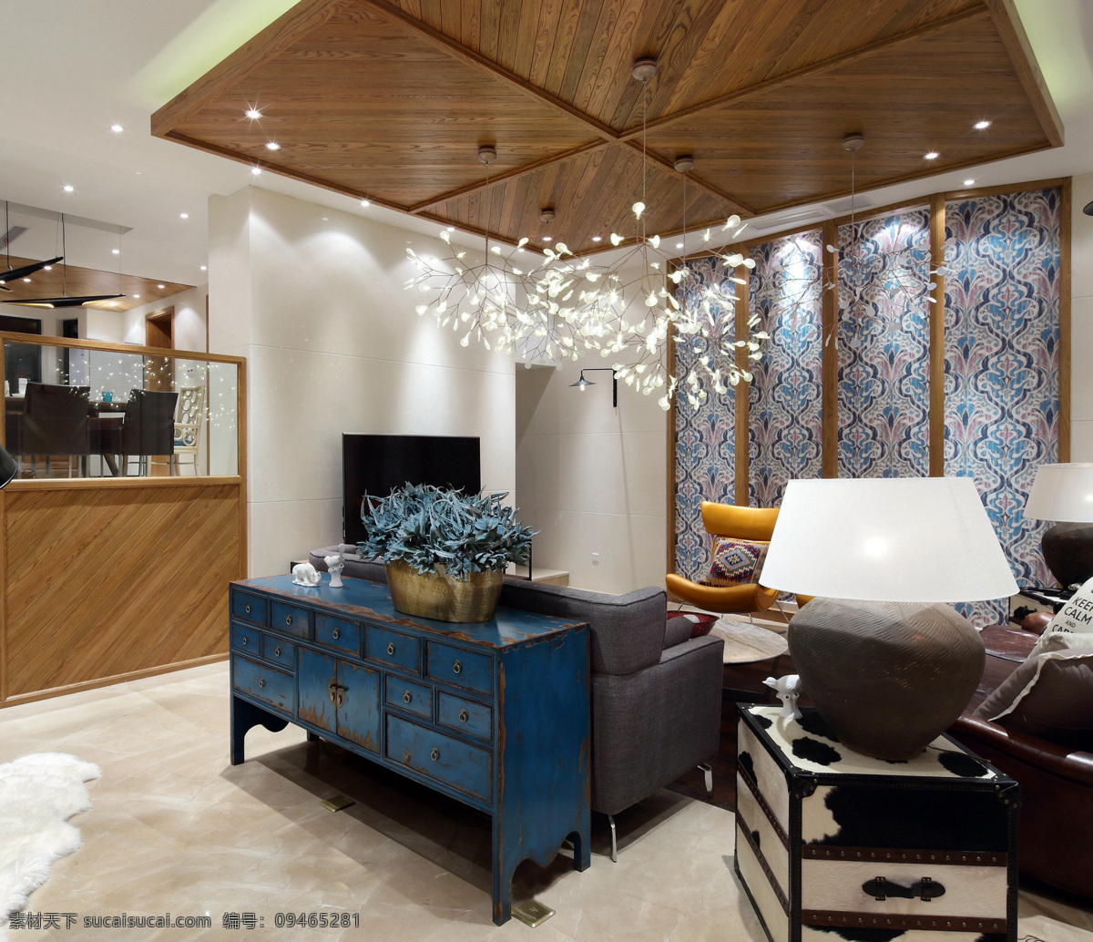 简约 客厅 方形 吊顶 装修 效果图 长方形茶几 窗户 蓝色窗帘 落地窗 米色沙发 台灯
