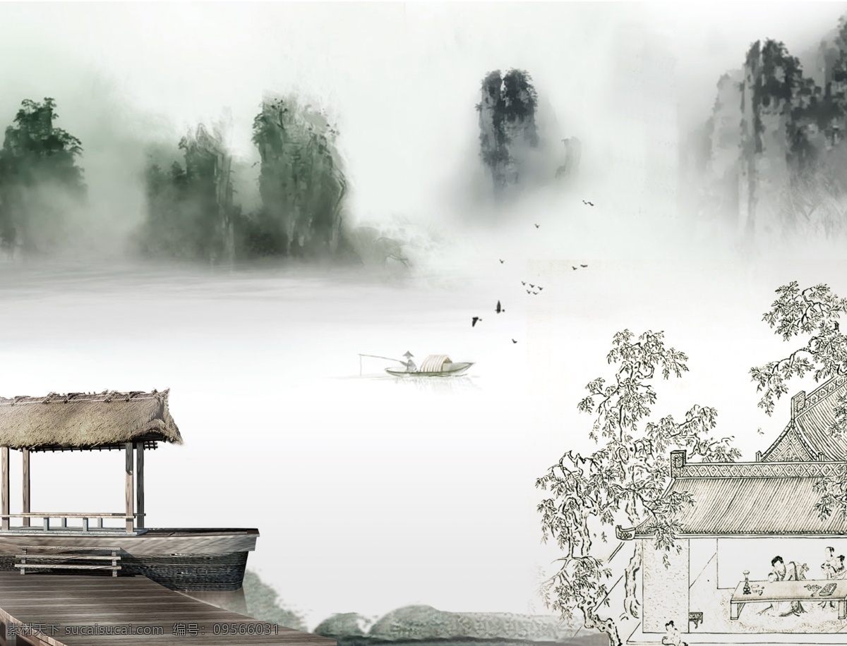 古代 田园 诗意 背景 复古 中国风 凉亭 农家 山水画 风景画 白色