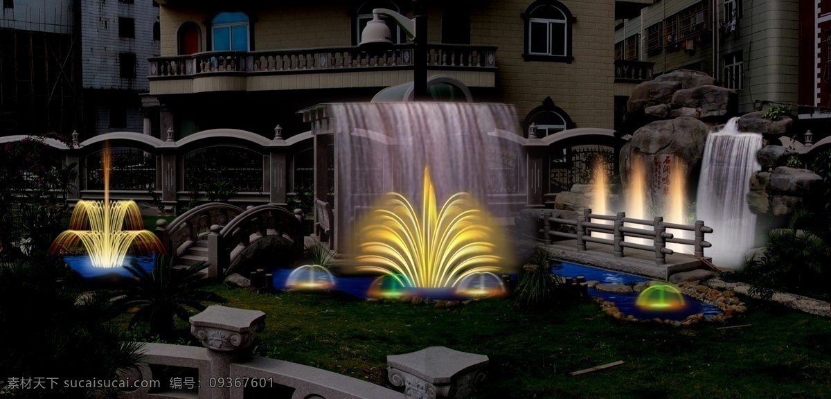 喷泉效果图 喷泉动画 广场夜景 喷泉 景观 分层 源文件库