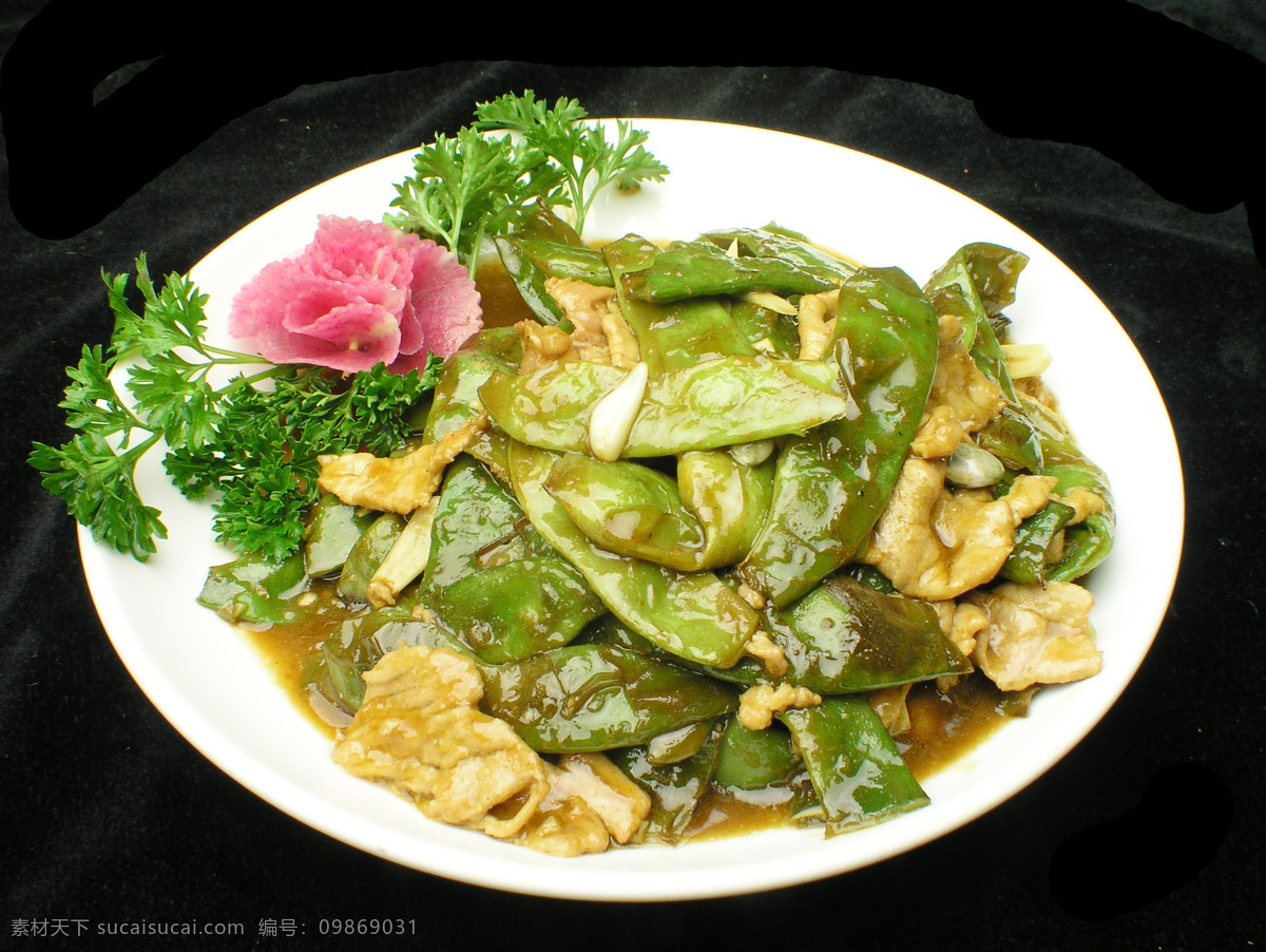 肉焖油豆角 肉片 豆角 家常菜 农家菜 中华美食 美味 熟菜 鲜花 装饰 盘子 餐饮美食 传统美食 摄影图库