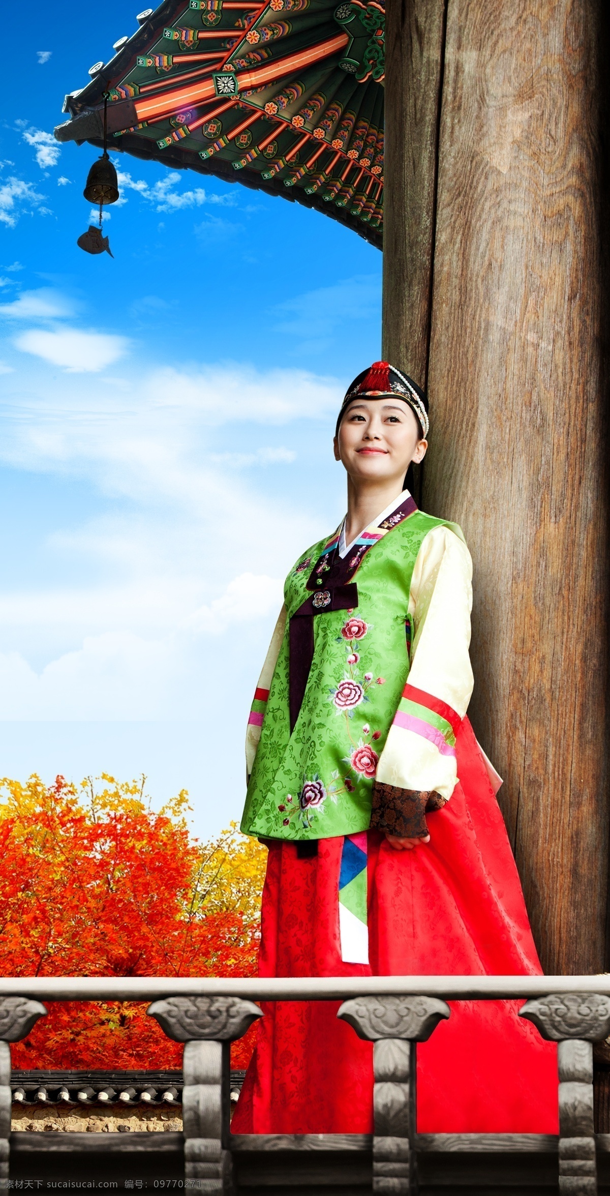朝鲜美女 朝鲜族 美女 韩国 民俗特色 蓝天 建筑 枫叶 人物 分层 源文件