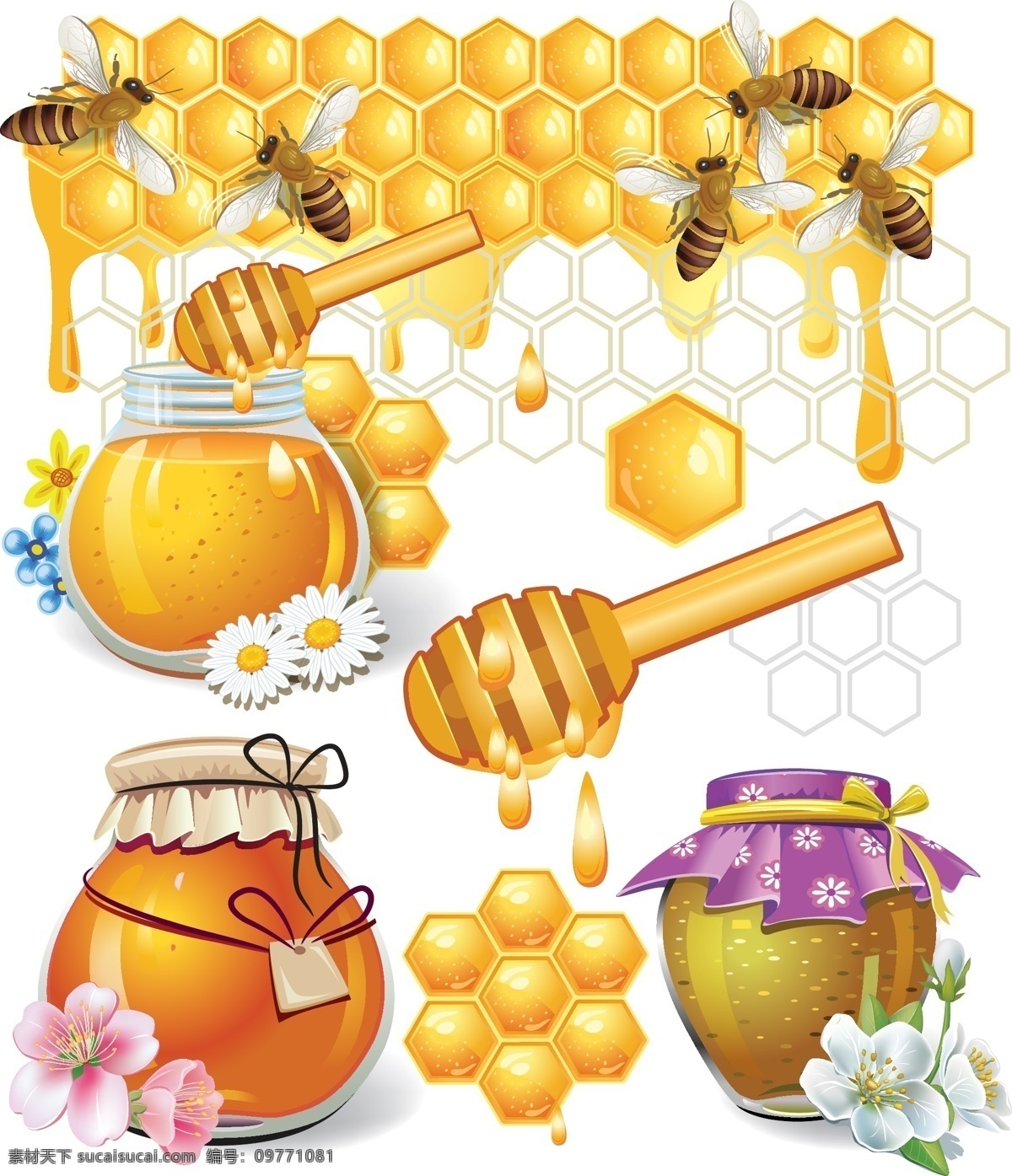 可爱 蜂蜜 蜂巢 矢量 可爱蜂蜜蜂巢 蜜蜂 蜜罐 搅拌棒 蜂窝 花朵 甜味 昆虫 黄色 honey 矢量素材 卡通设计