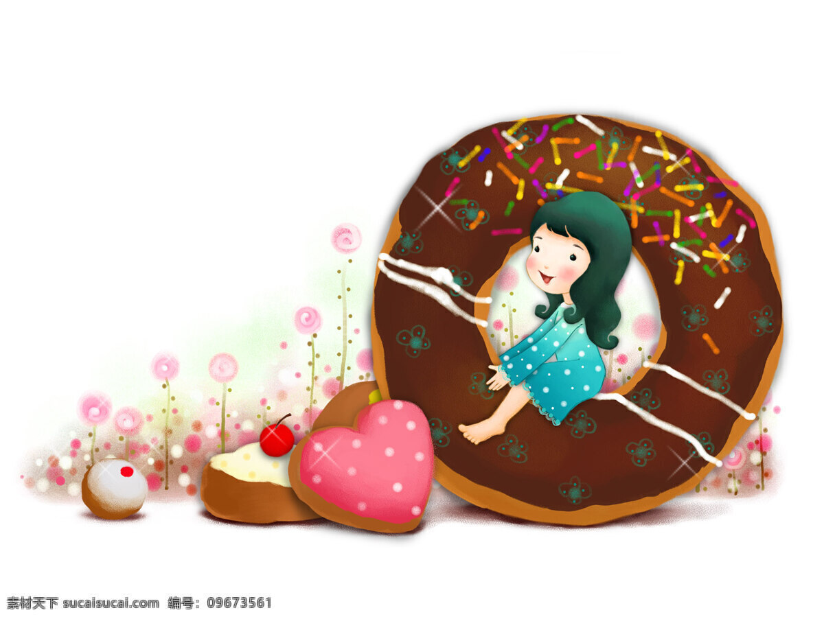 甜甜 圈 少女 爱心 插画 卡通