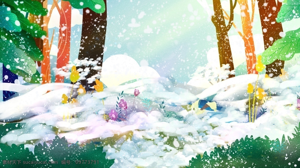 中国 风 彩绘 冬雪 小雪 背景 雪花 冬天 唯美 雪景 树木 背景设计 雪地 彩绘背景 大寒背景