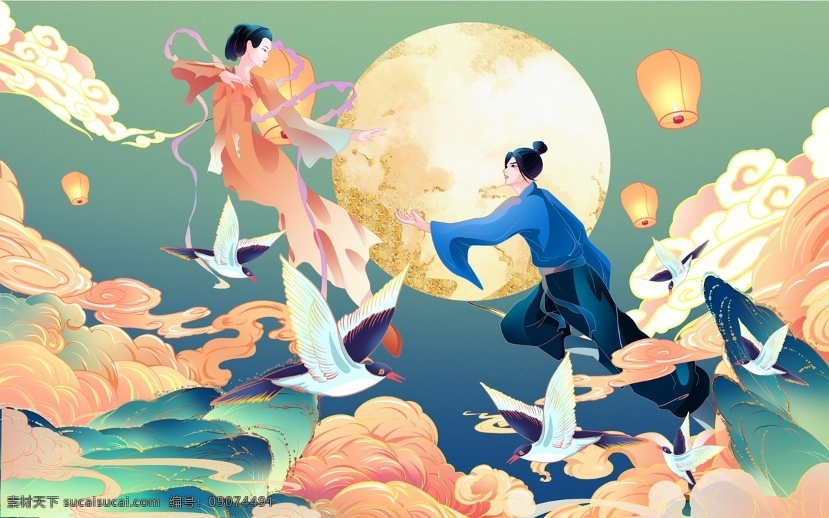 七夕 人物 传统 国风 合成 海报 传统节日海报 分层