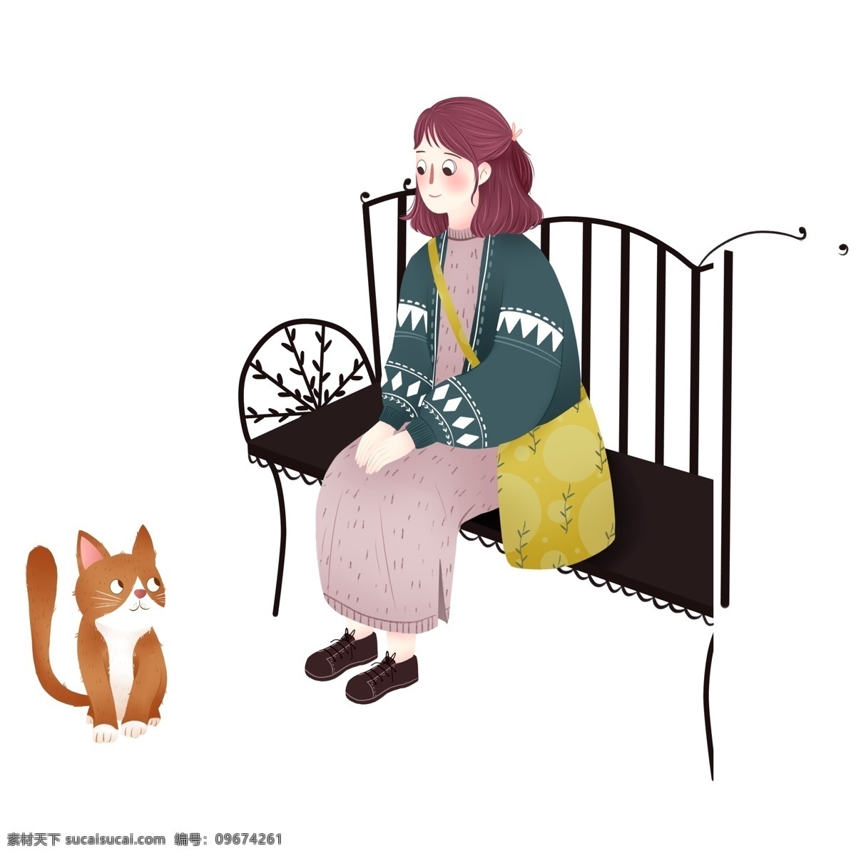 卡通 坐在 长椅 上 女孩 猫 元素 黄色猫 元素设计 装饰图案 彩色元素 卡通元素 可爱元素