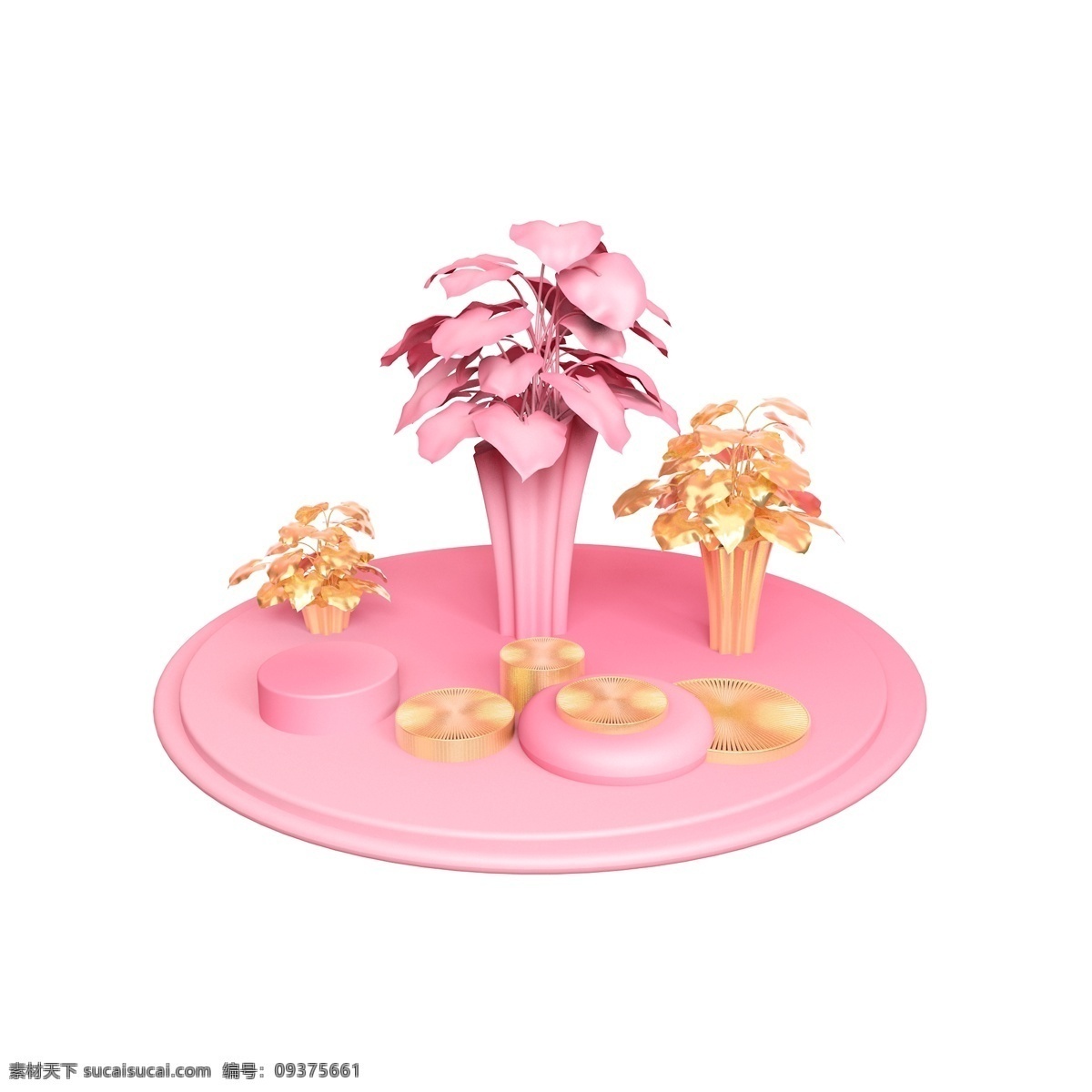 立体 三个 花瓶 舞台 金色 粉色 花